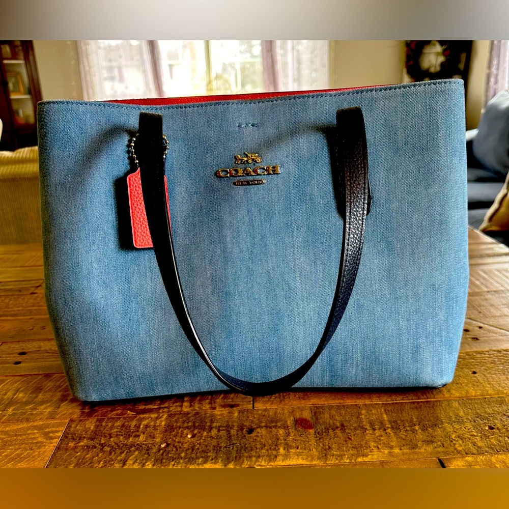 Coach 91140 Denim/Watermelon Pink Avenue Carryall Tote